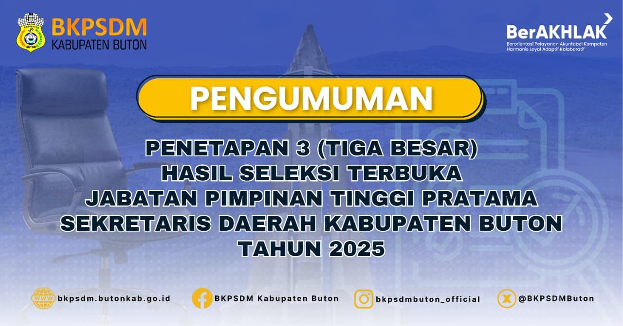 Pengumuman Penetapan 3 (tiga) Besar Hasil Seleksi Terbuka Pengisian Jabatan Pimpinan Tinggi Pratama Sekretaris Daerah Kabupaten Buton